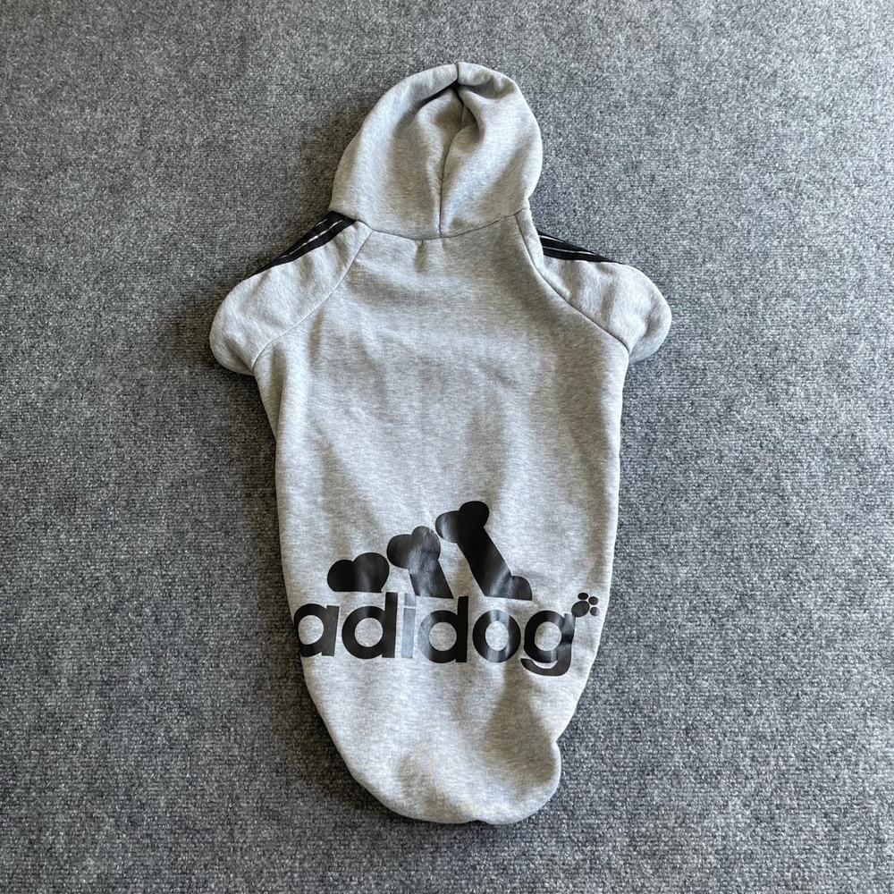Adidog Pet‎ Hoodie Heather Gray Athletic Graphic Dog Sweatshirt Large 22in Back